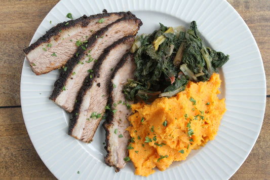 BBQ Brisket with Sauteed Greens & Sweet Potato Mash