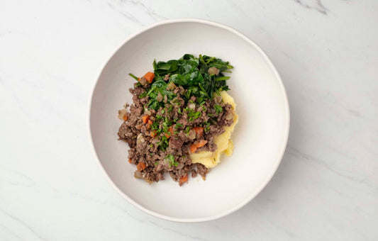 Beef Shepherd's Pie with Mashed Sweet Potatoes, Spinach, & Gravy