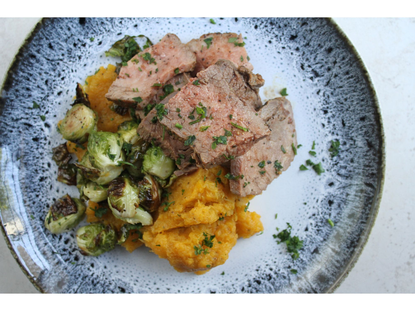 Steak with Brussels Sprouts & Rutabaga Mash