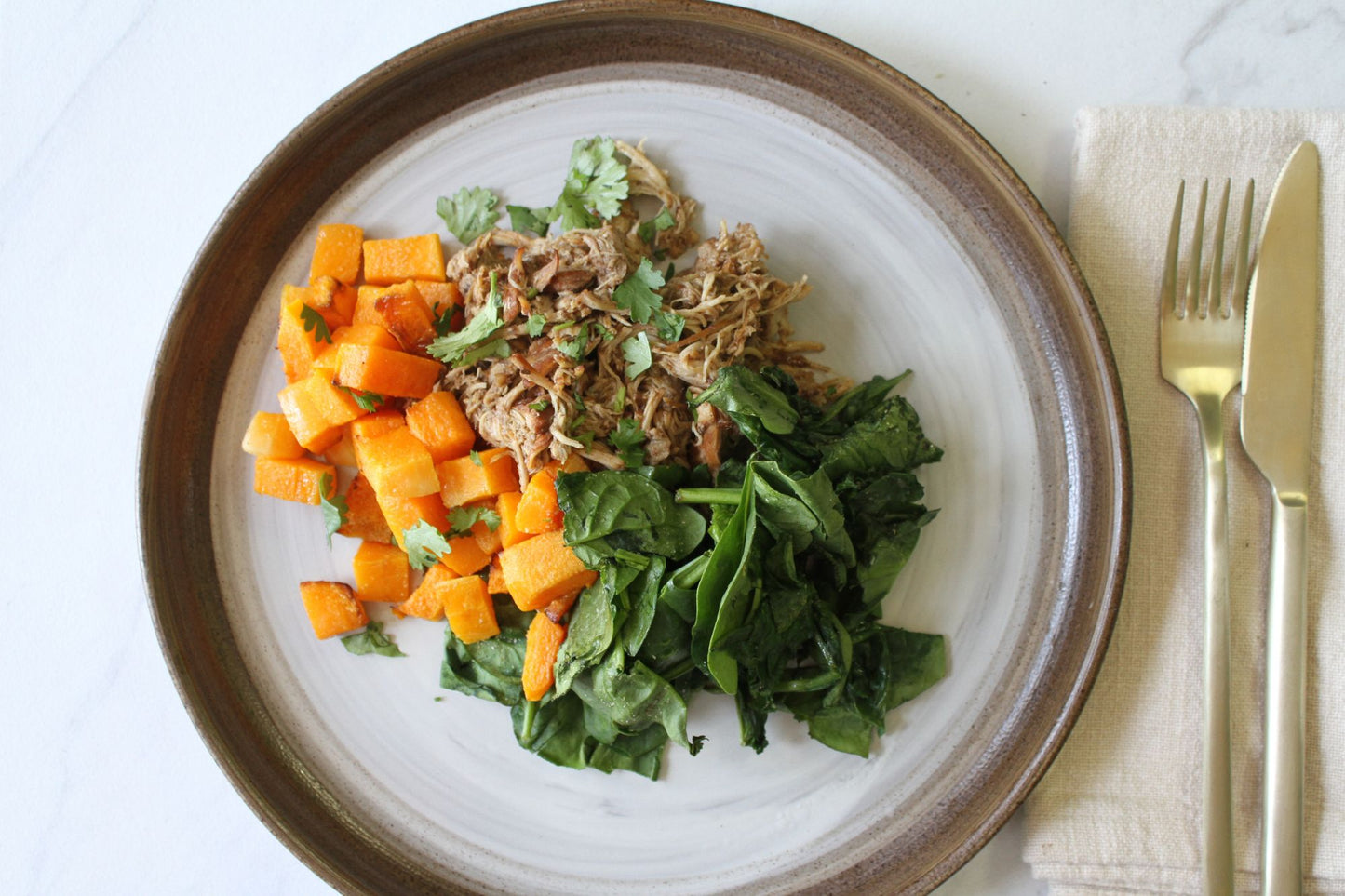 Balsamic Braised Chicken Thighs with Spinach, Onion, & Roasted Butternut Squash