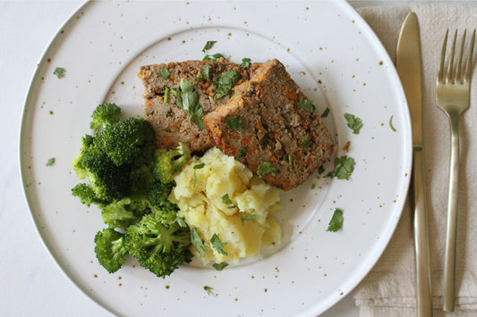 Beef Meatloaf with Roasted Broccoli & Mashed Sweet Potato