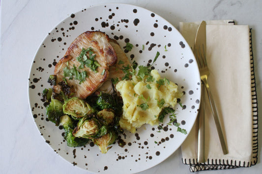 Brined & Roasted Pork Chop with Roasted Brussels & Mashed Sweet Potatoes