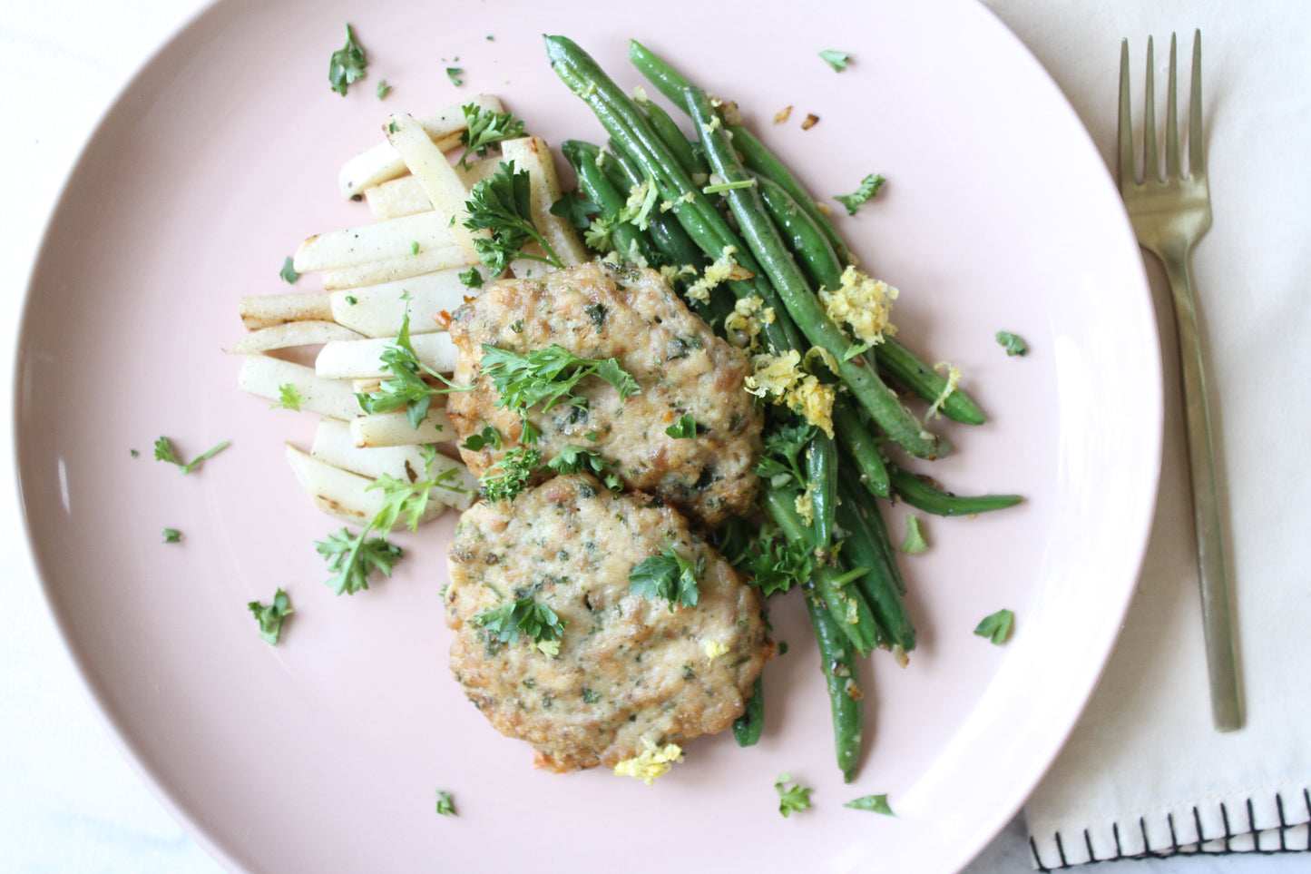 Chicken Burgers with Lemon Garlic Green Beans and Roasted Turnip Wedges