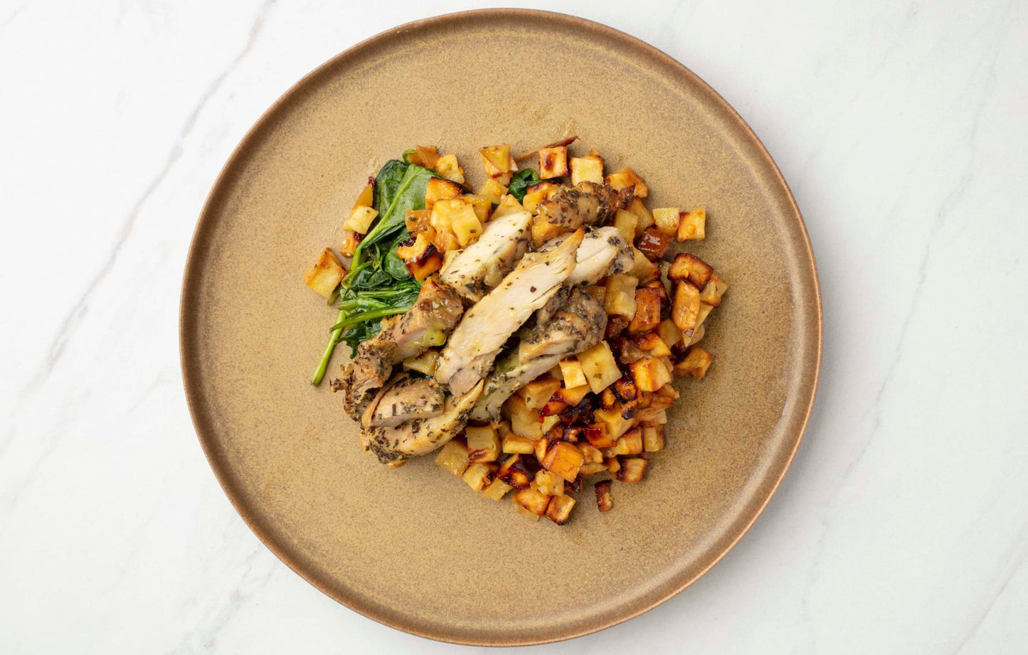 Rosemary and Garlic Crusted Chicken with Roasted Yams, Shallots and Spinach