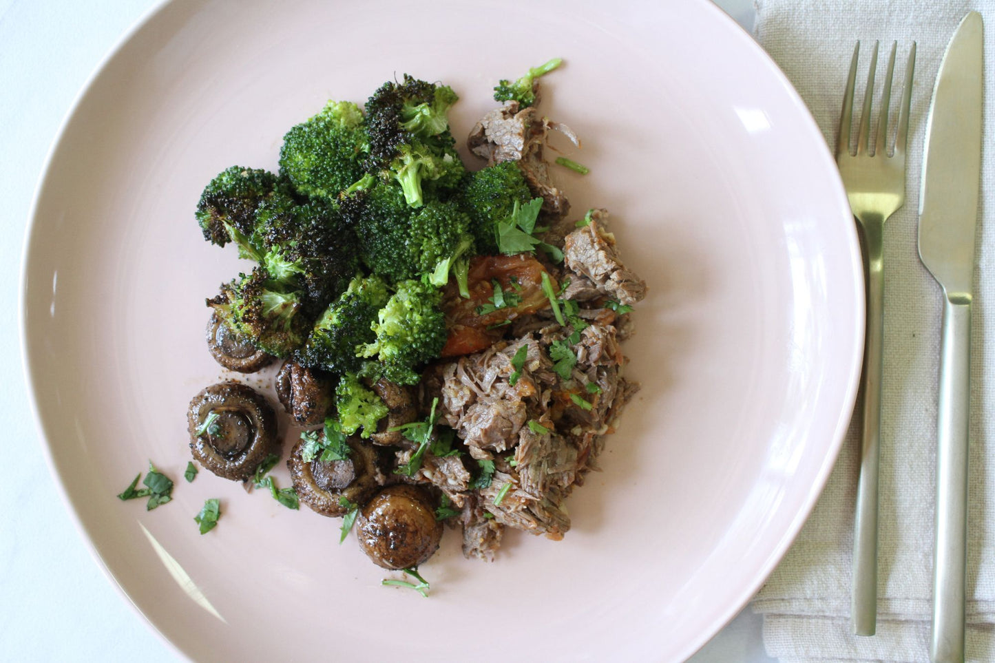 Smoked Tomato Braised Beef with Roasted Portobello & Broccoli