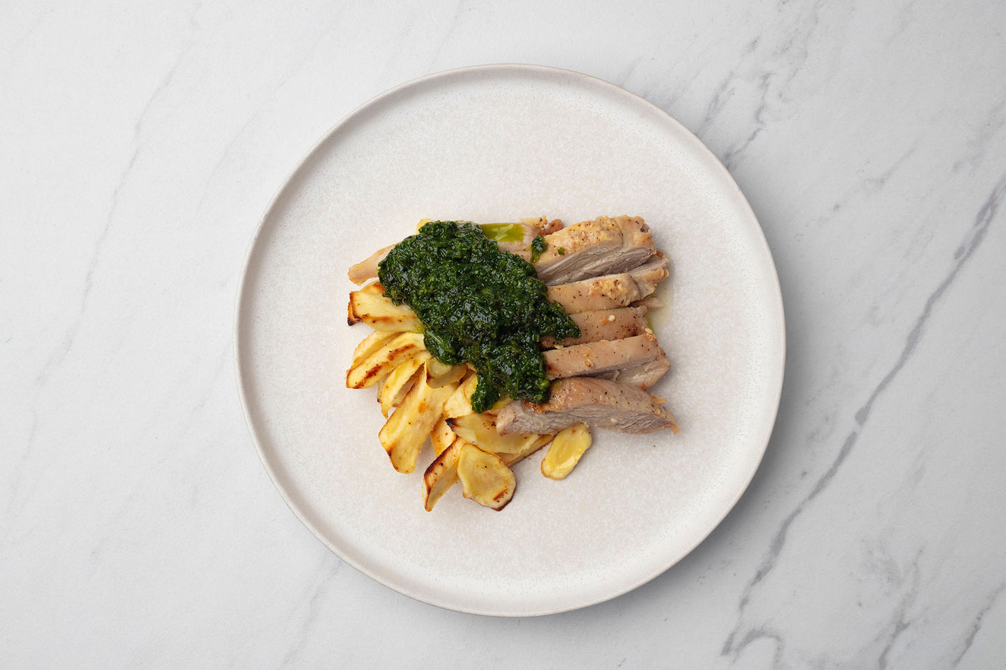 Grilled Chicken with Kale Pesto and Roasted Parsnips