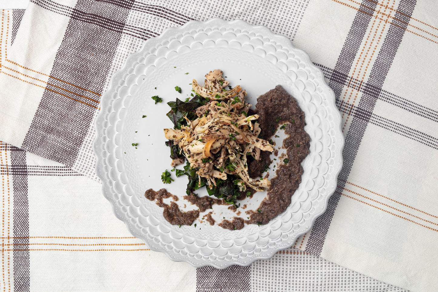 Herb Braised Chicken with Roasted Mushroom Puree and Swiss Chard