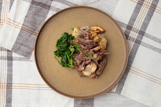 Shallot Mushroom Braised Beef with Spinach and Rosemary-Garlic Sweet Potato Wedges